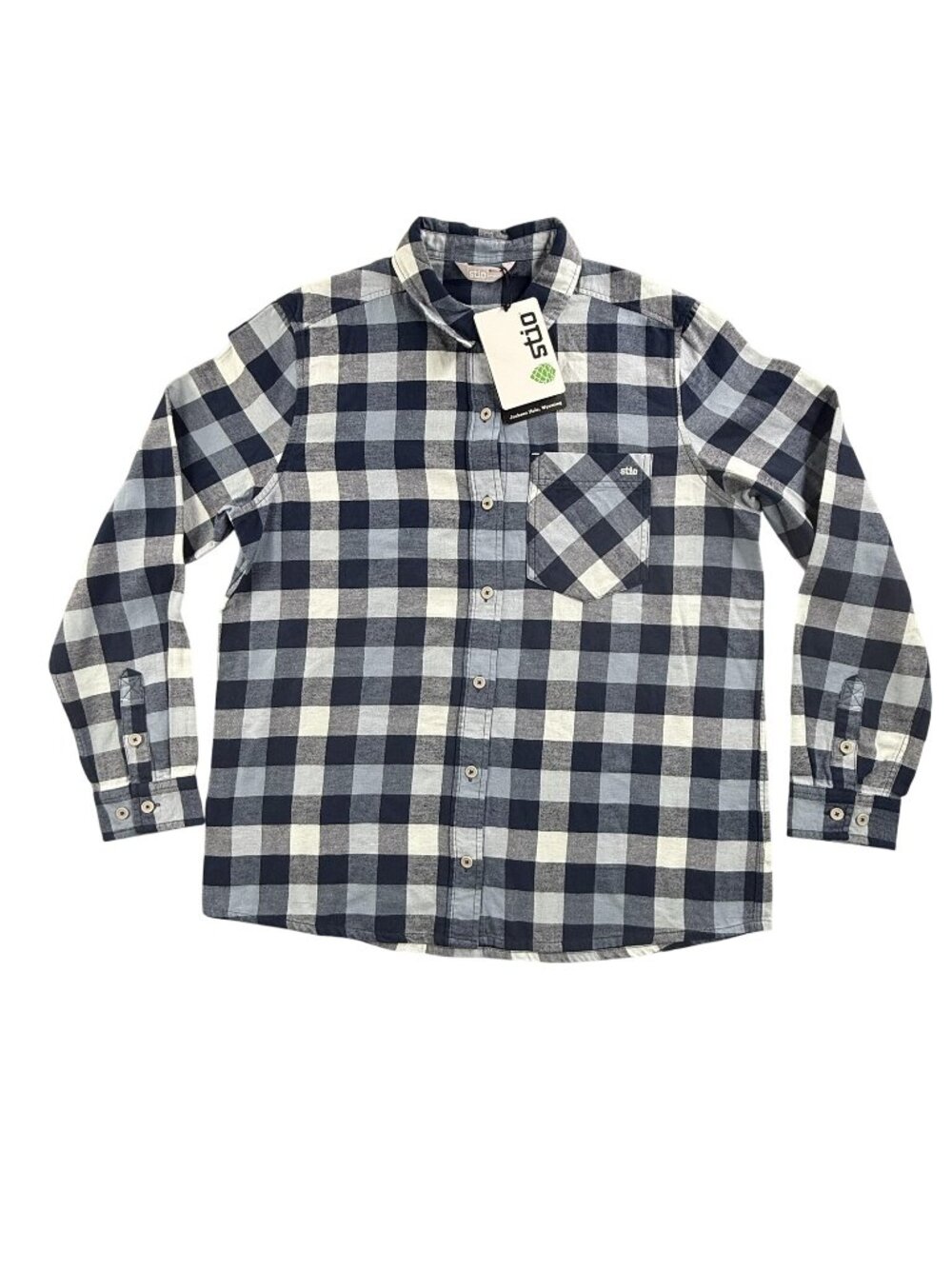 Stio Shirt Womens Large Blue Plaid Flannel Button Up Long Sleeve Organic Cotton